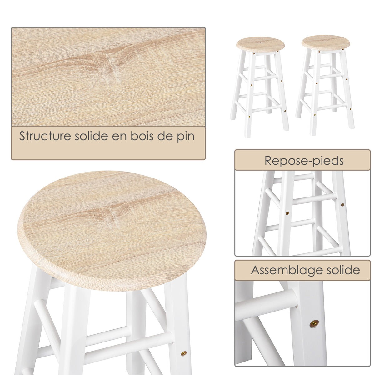 Ensemble Table de Bar Pliable sur roulettes avec étagère et 2 tiroirs + 2 tabourets Bois pin MDF Blanc chêne Clair-6