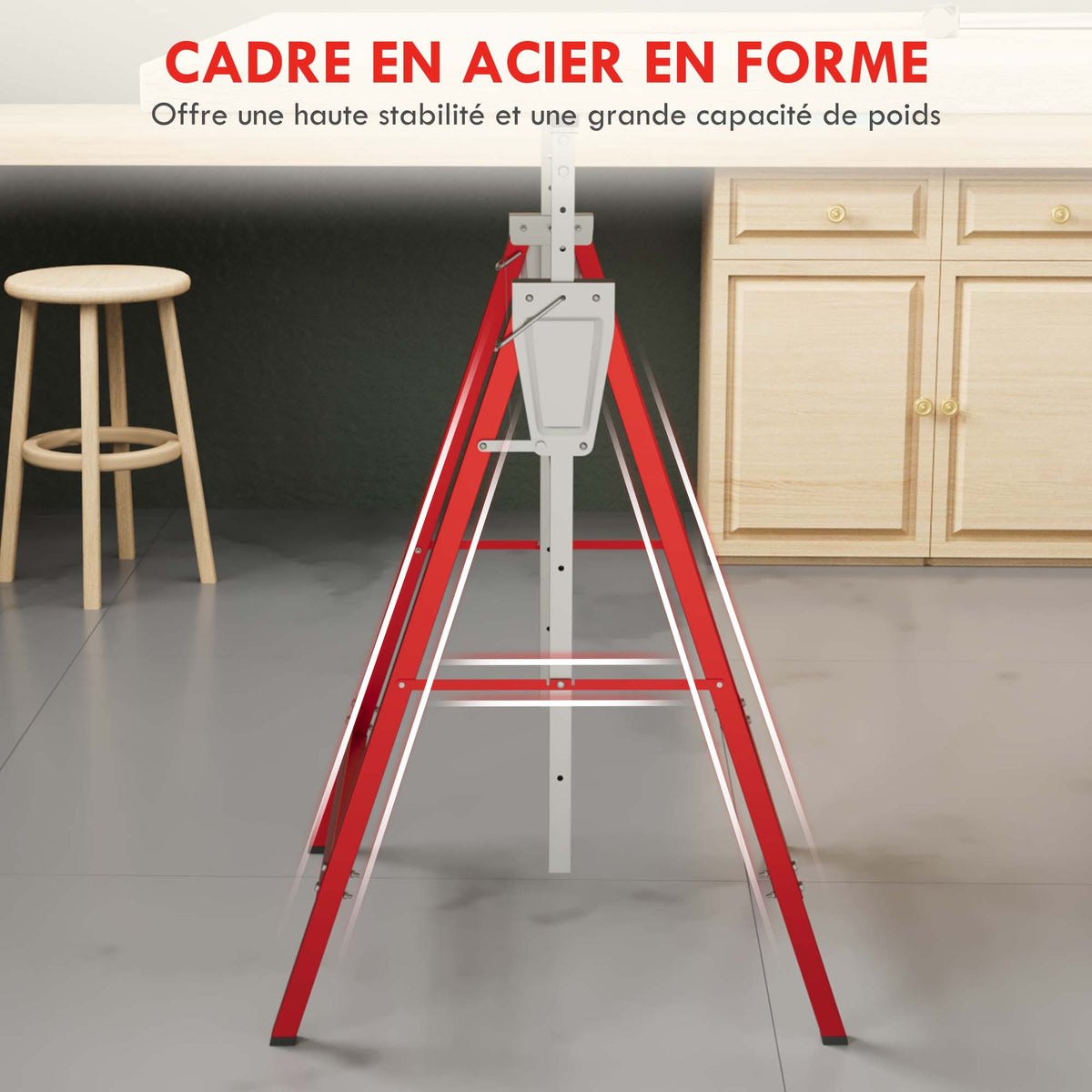 Lot de 2 tréteaux pliables télescopiques hauteur réglable 80-130 cm rouge-4