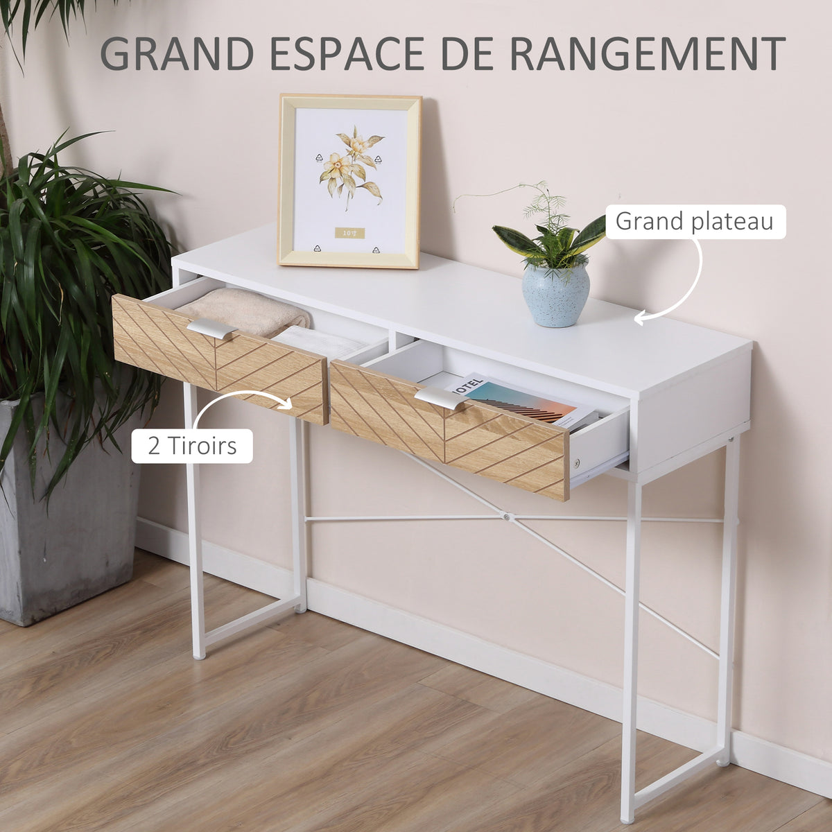 Table Console Industriel 2 tiroirs Aspect Bois de chêne sculpté Motif à Chevrons piètement métal Blanc-3