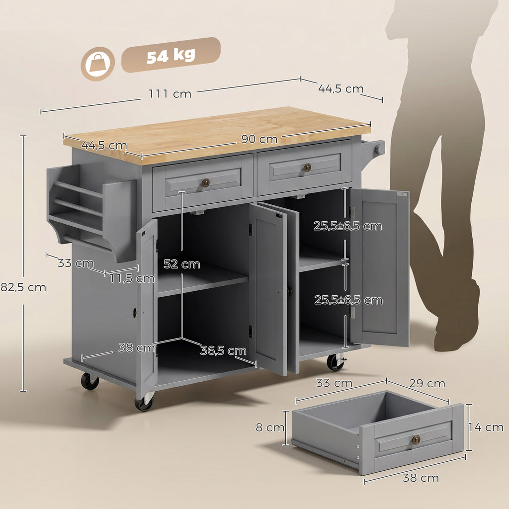 Îlot Central Cuisine avec Plateau en Hévéa, Desserte de Cuisine sur Roulettes avec 2 Tiroirs, 111 x 44,5 x 82,5 cm, Gris-2