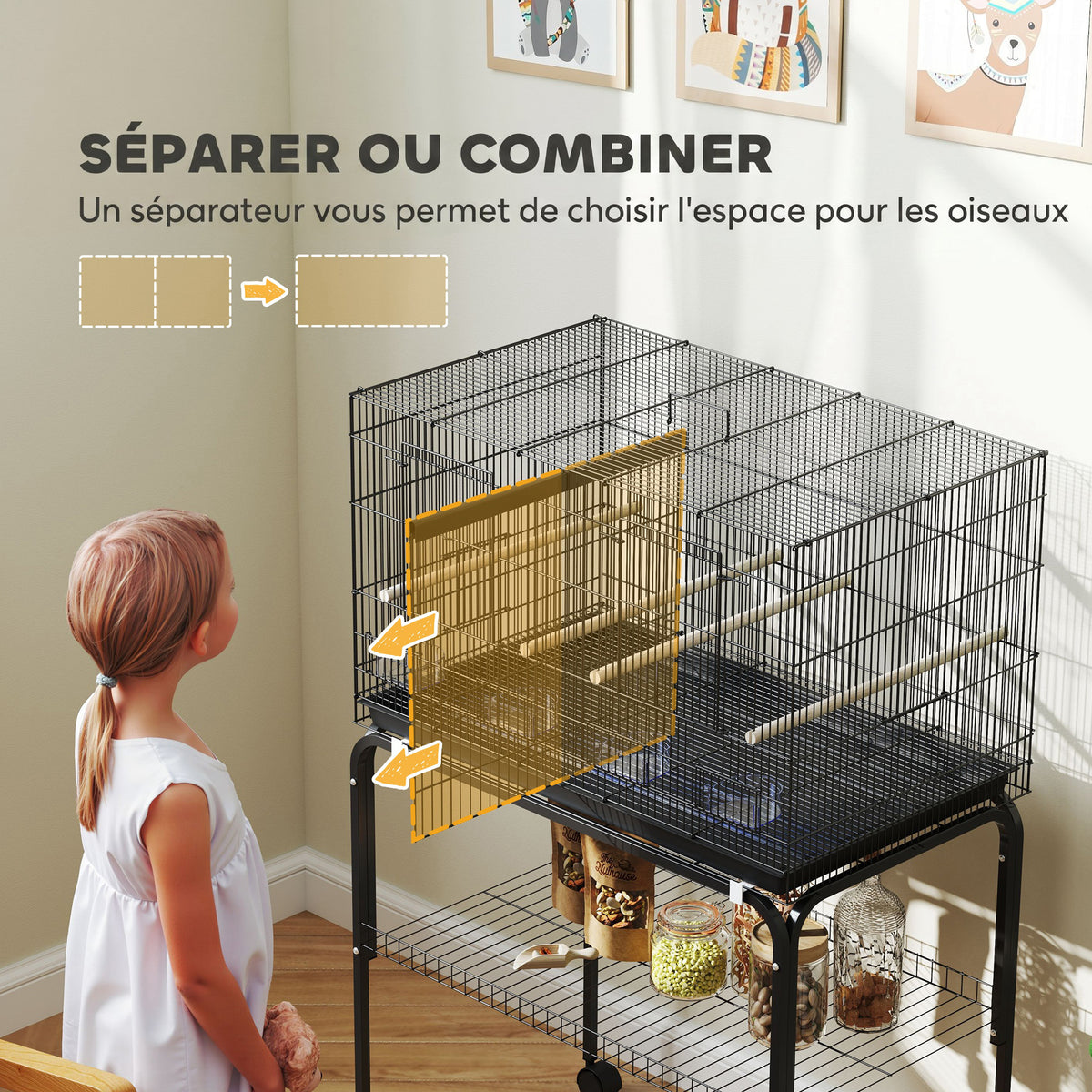 Cage à Oiseaux Volière Intérieur Acier avec Séparateur, 4 Perchoirs, Plateau Coulissant, 4 Mangeoires, 76x46x116cm, Noir-3