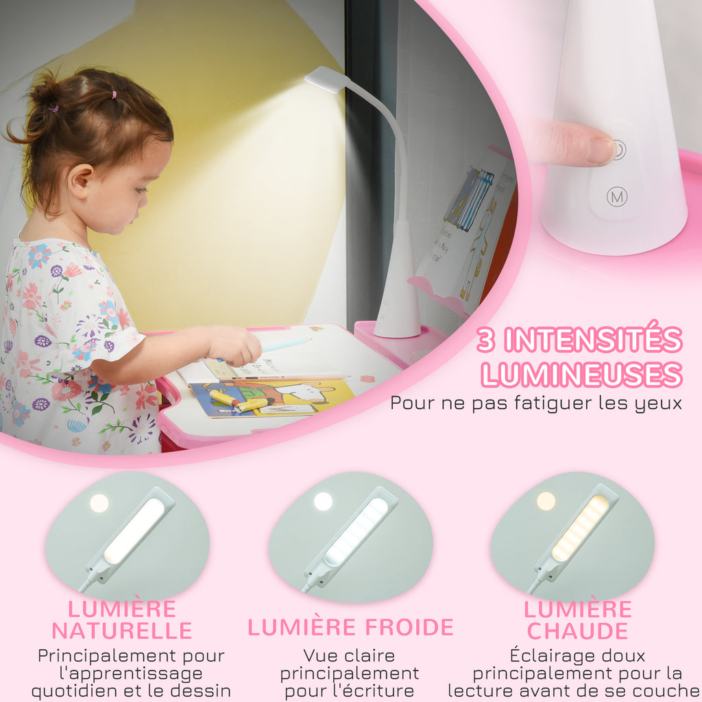 Ensemble chaise et bureau pour enfants avec lampe LED hauteur réglable plateau incliné support de lecture rose-5