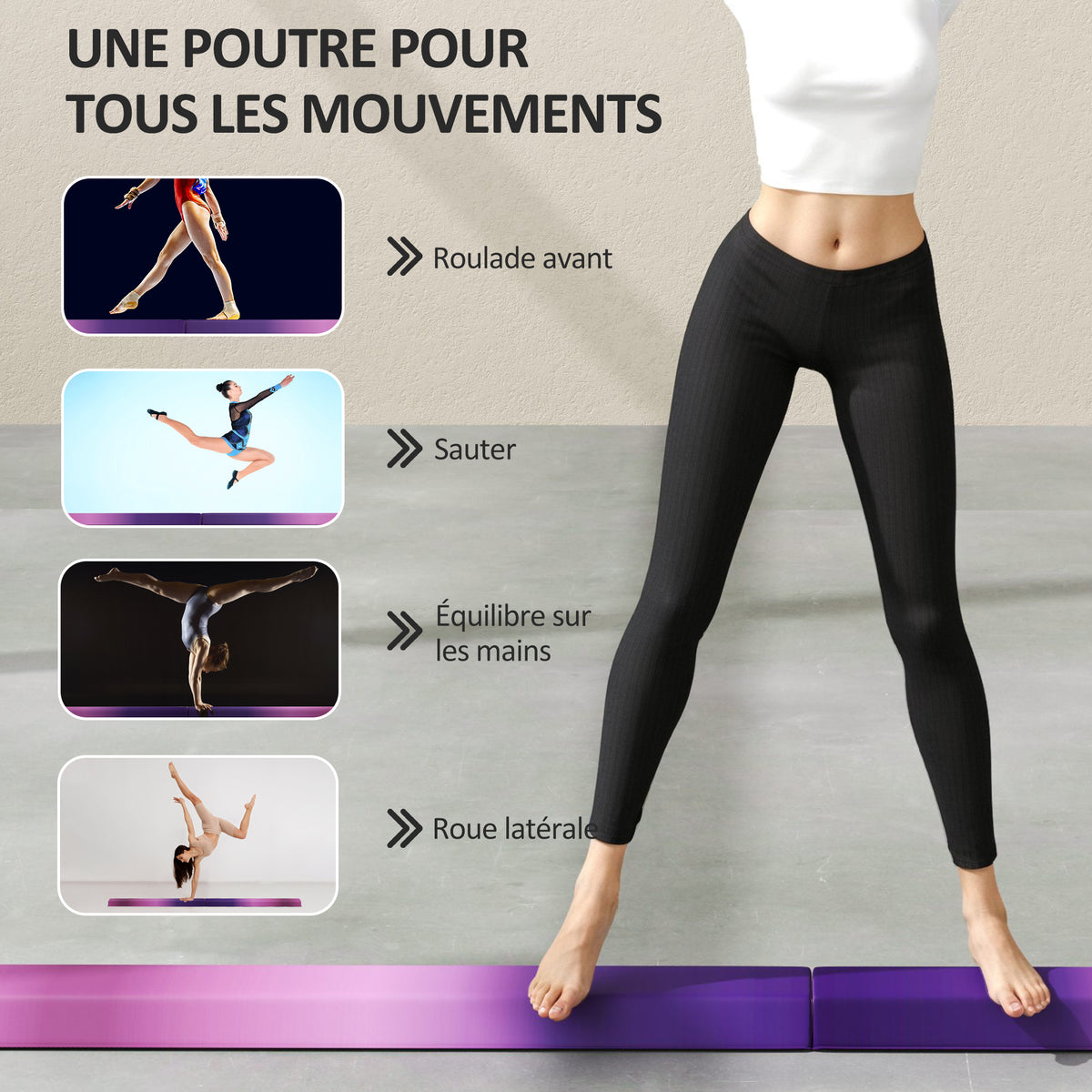 Poutre de gymnastique pliable fond antidérapant, poignée de transport, 236 x 10/15 x 6,5 cm violet et rose-6