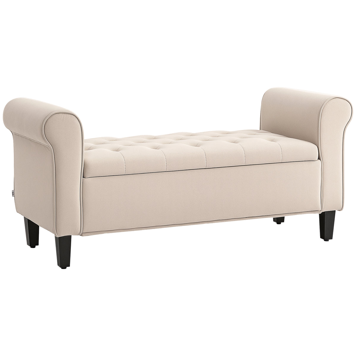 Banc de rangement bout de lit avec accoudoirs, tissu effet velours rembourré et capitonné, 126 x 48,5 x 57 cm, beige-0