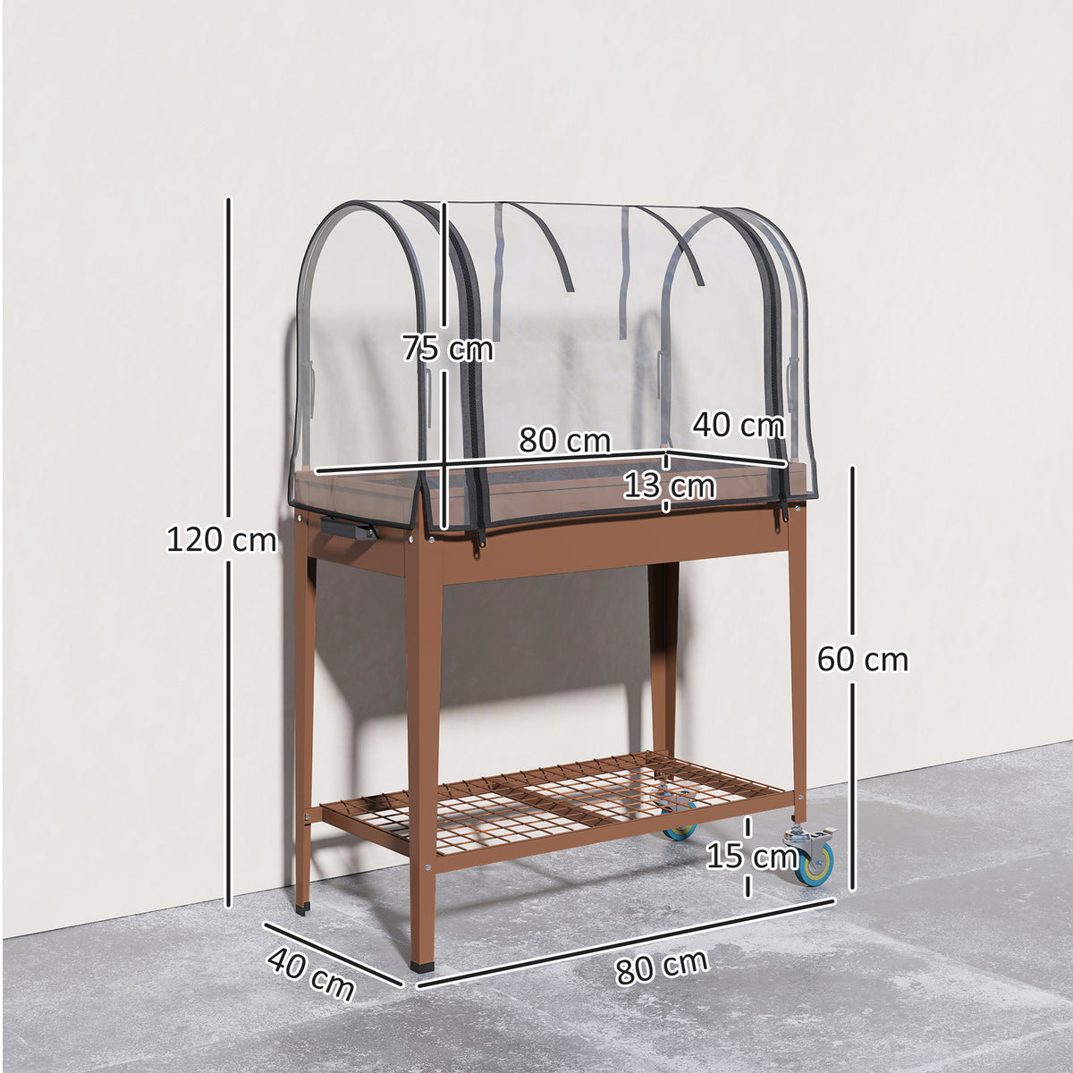 Jardinière surélevée avec bâche transparente, 2 roulettes et 1 étagère inférieure, dim. 80L x 40l x 120H cm-2