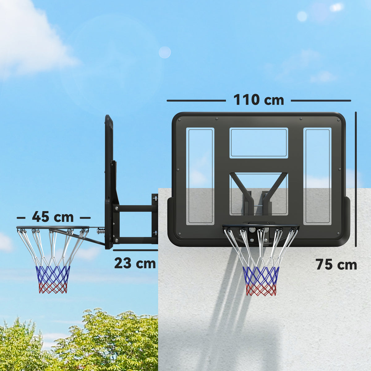 Panier de basket mural panier basket avec panneau incassable cerceau en acier et filet indéchirable 110L x 75H cm noir-2