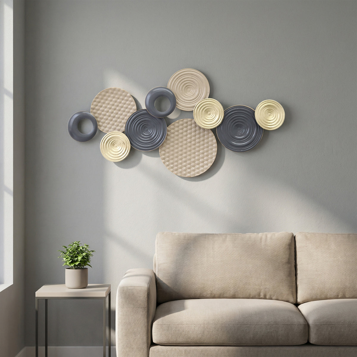 Décoration murale en métal, sculpture murale en métal, design unique à plusieurs disques, 100 x 50 cm, kaki et noir-1