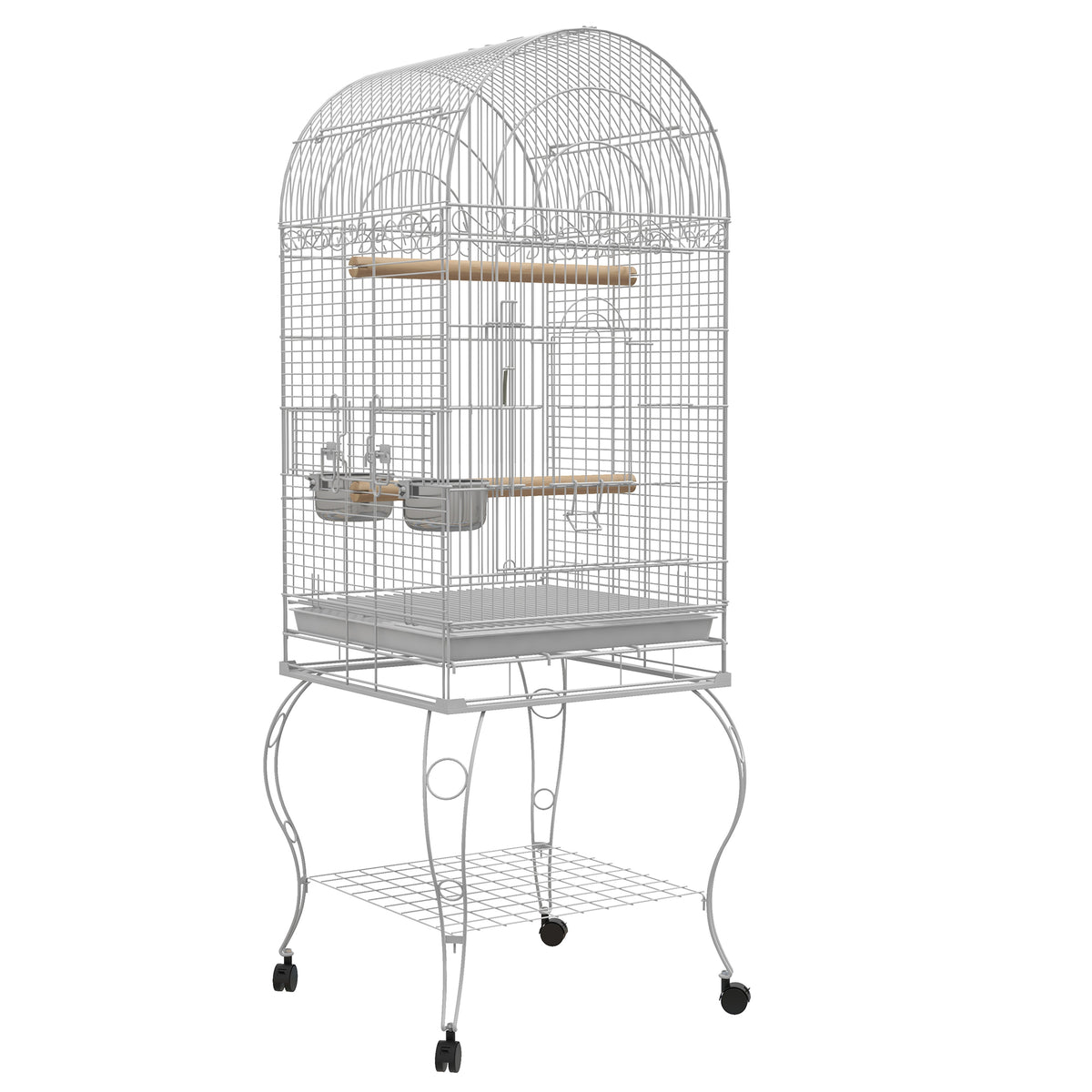 Cage à oiseaux sur roulettes avec étagère plateau amovible 2 bols perchoir acier inoxydable 51 x 51 x 153 cm blanc-0