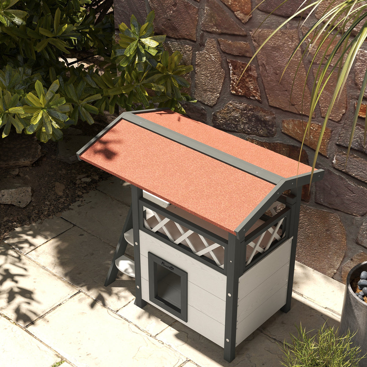 Cabane Chat Extérieur avec Terrasse, Escalier, Toit, Niche Villa, 77 x 50 x 73 cm Blanc et Rouge-7