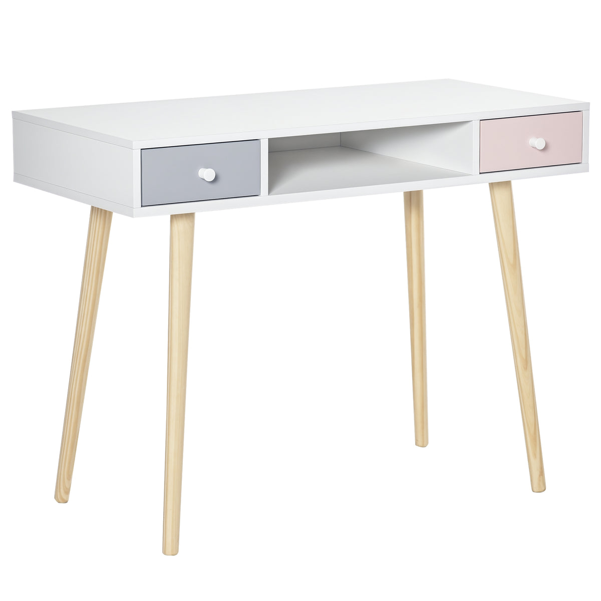 Bureau enfant style scandinave avec tiroir et compartiment de rangement 100L x 48l x 76,5H cm MDF et pin blanc gris et rose-0