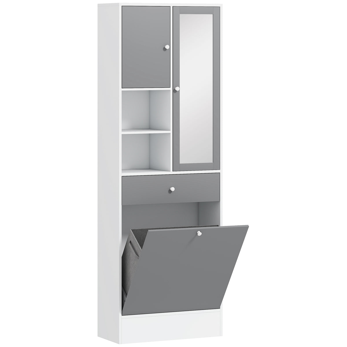 Meuble de salle de bain avec panier à linge et miroir étagère réglable 62 x 28,3 x 181 cm gris et blanc-0