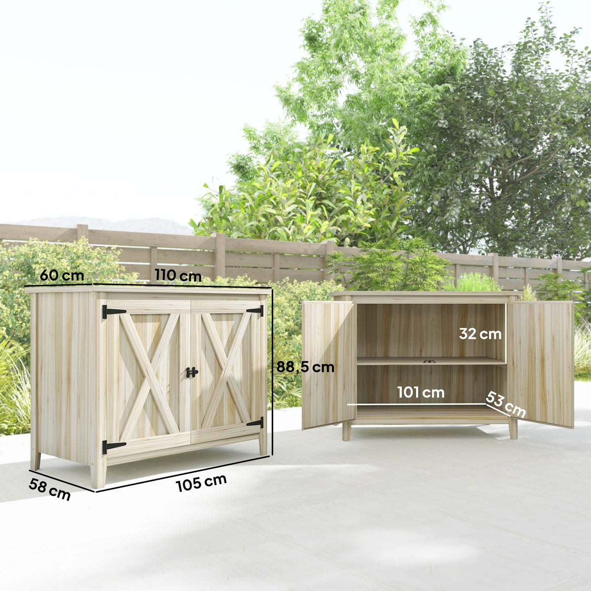 Armoire de jardin en bois, placard de jardin en bois avec étagères et double portes, 110 x 60 x 88,5 cm, bois naturel-2