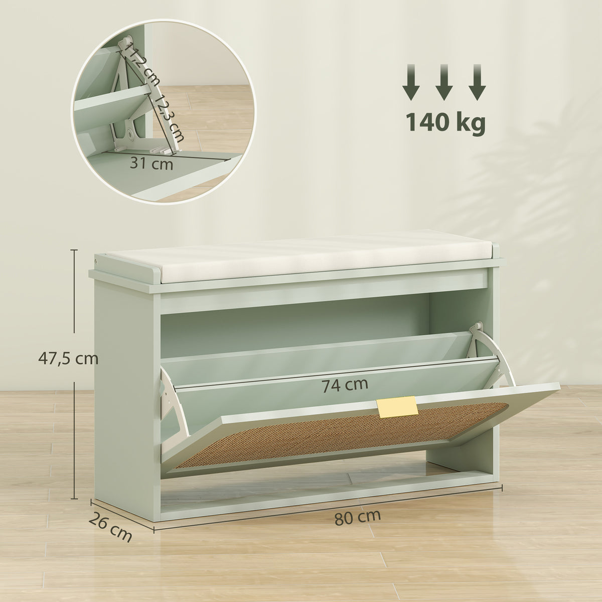 Banc à chaussures, banc de rangement, assise rembourrée, tiroir rabattable, porte en rotin, 80 x 26 x 47,5 cm, vert-2