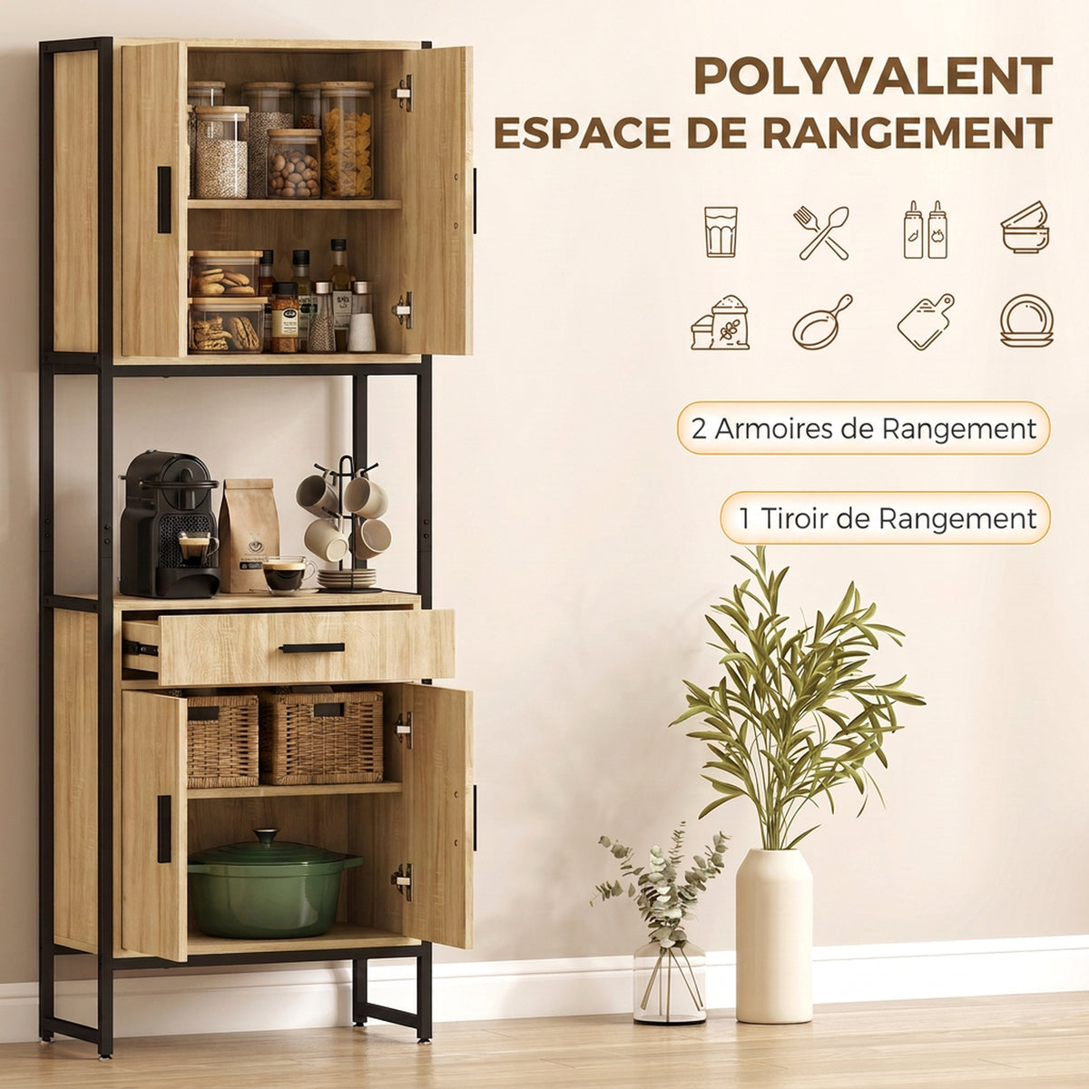 Buffet Haut Cuisine, Armoire de Cuisine, 4 Portes à Fermeture Douce, Tiroir, Plan de Travail, 60x30x170cm, Bois Naturel-3