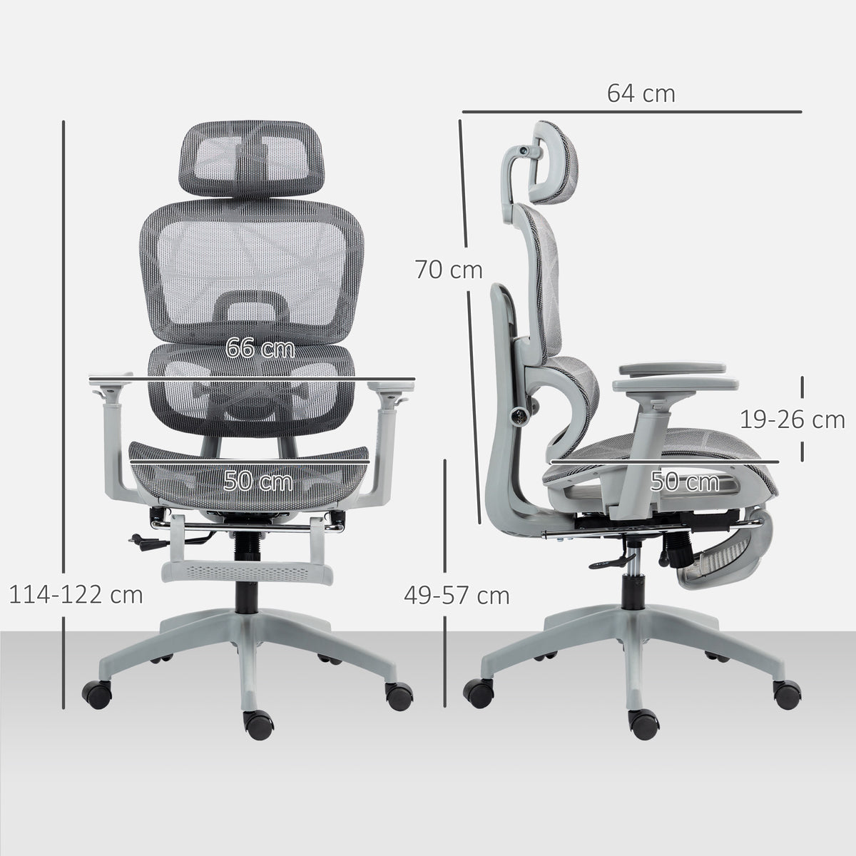 Fauteuil de bureau, chaise de bureau ergonomique en maille avec accoudoirs 3D, dossier inclinable, 66x64x122 cm, gris-2