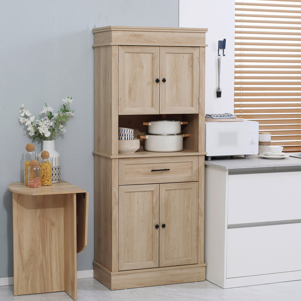 Armoire de cuisine buffet cuisine vaisselier meuble de rangement style moderne avec placards, étagères réglables, tiroir, et niche, pour salle à manger, salon, 74 x 39,5 x 183 cm, chêne clair-1