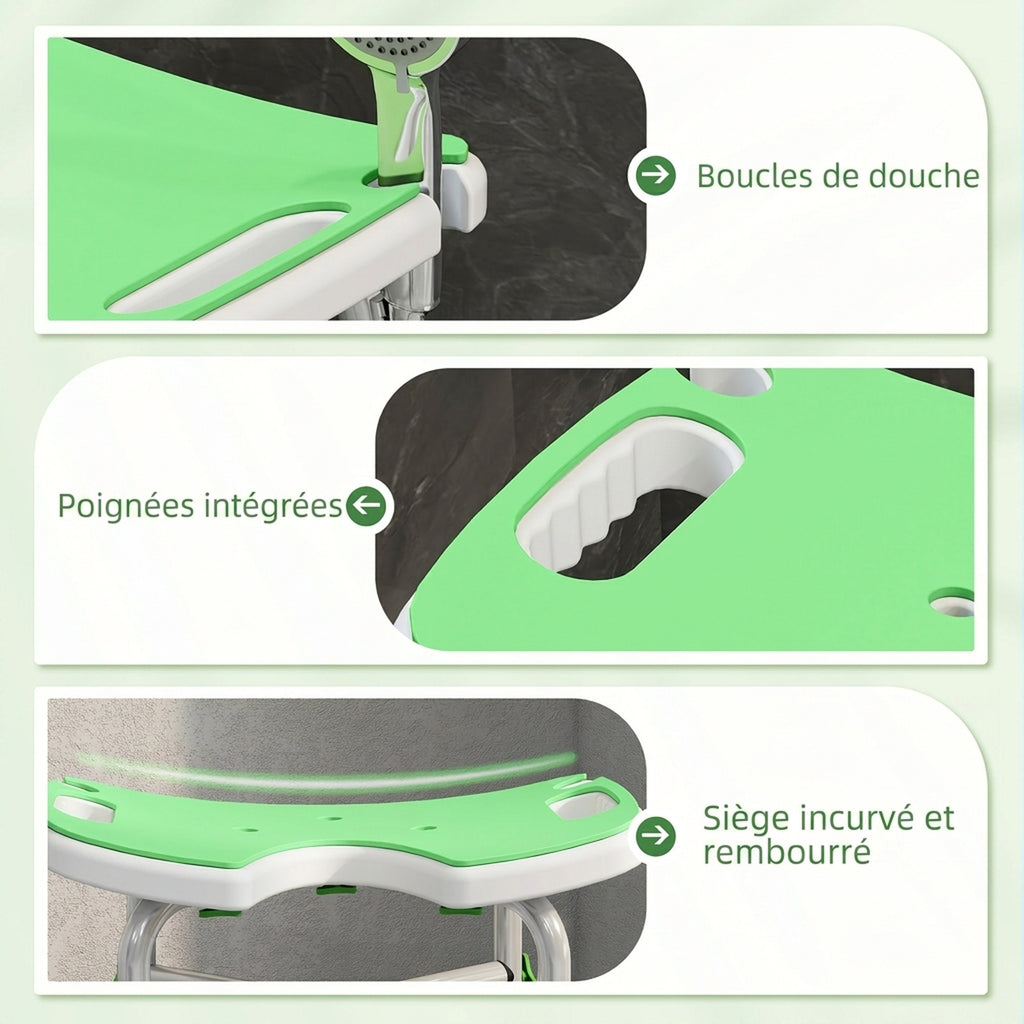 Tabouret de Douche, Hauteur Ajustable 39-51,5 cm, Barre d'Appui à Ventouse, Patins à Ventouse, Vert-6