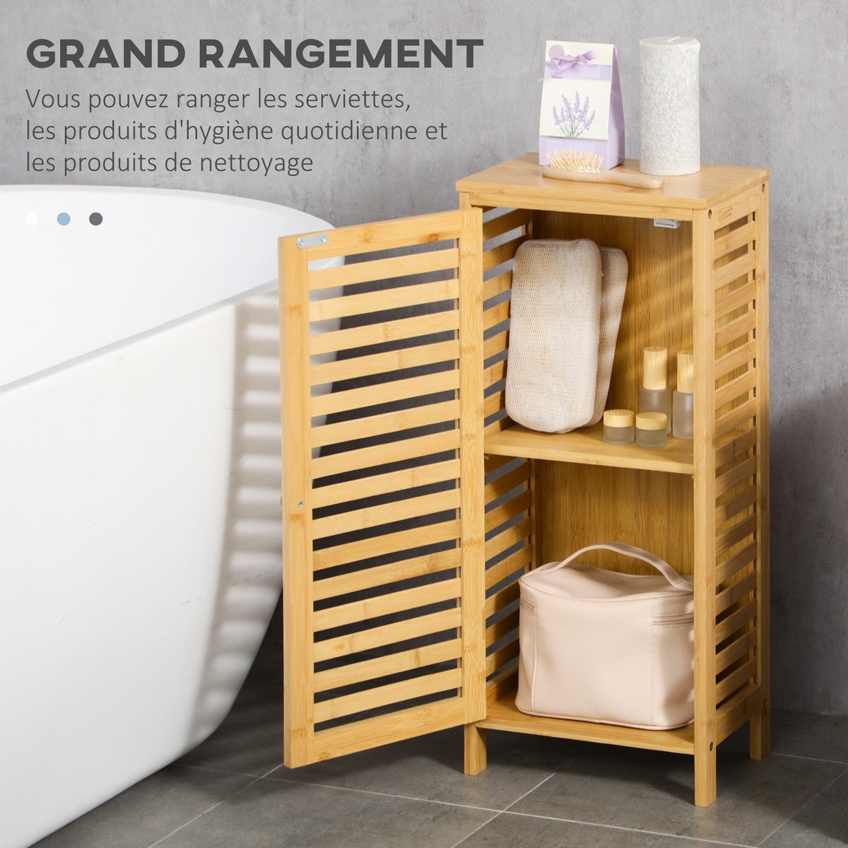 Armoire de salle de bain en bambou 1 étagère réglable design naturel 30 x 19,9 x 70 cm naturel-3