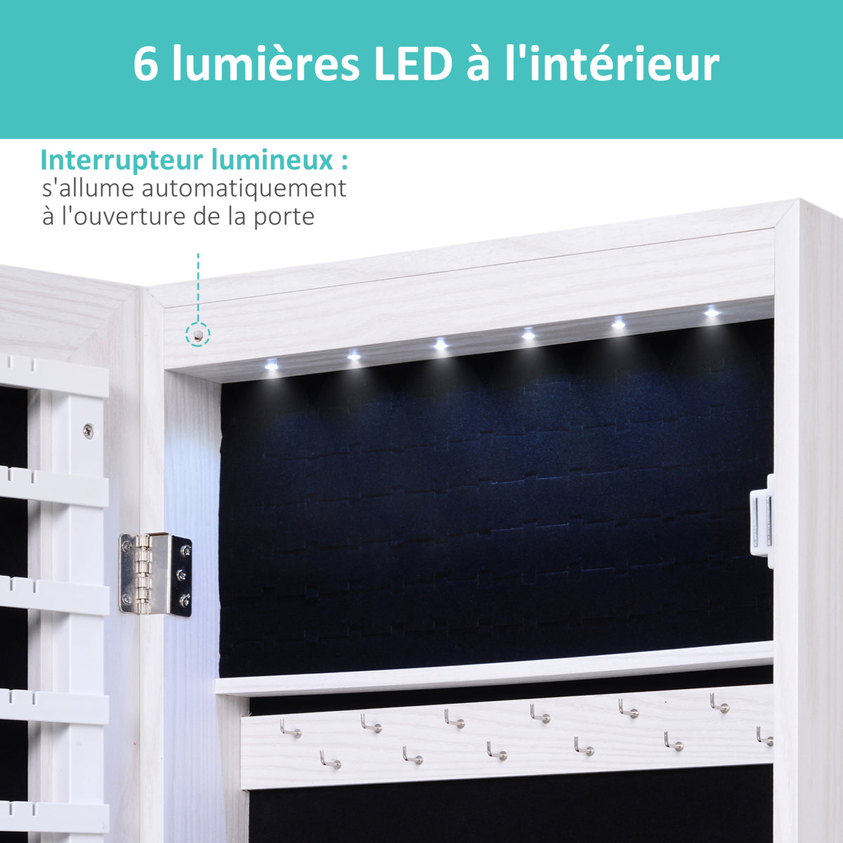 Armoire à bijoux suspendue au mur ou à la porte avec miroir, LED, 5 étagères, 2 tiroirs, 37x10x120cm, effet bois grisé-3