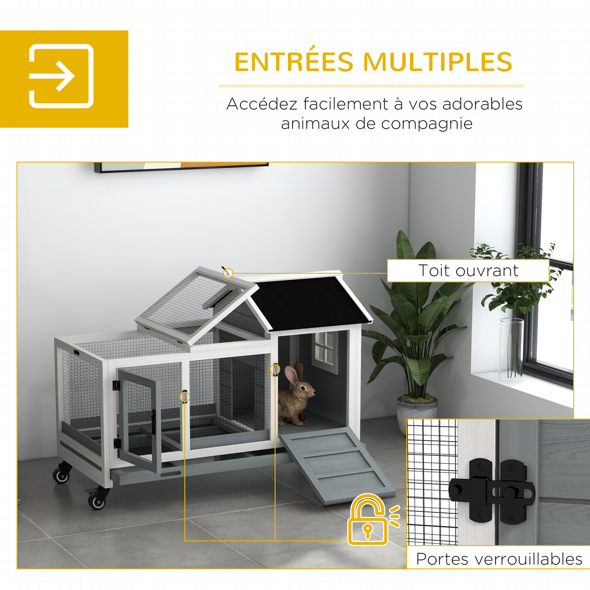 Clapier cage à lapins rongeurs sur roulettes 2 portes verrouillables - dim. 108L x 58l x 73,5H cm - bois massif-4