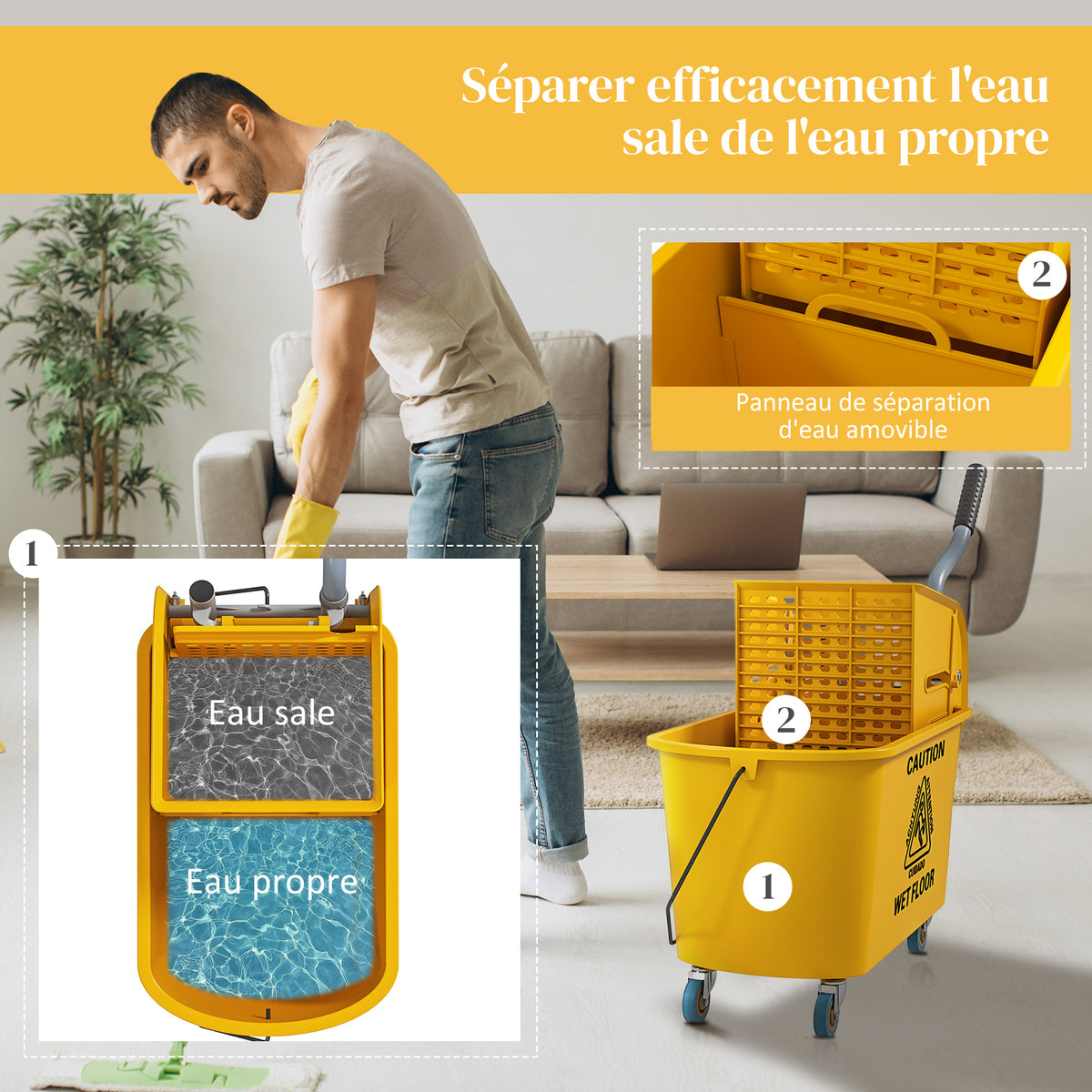 Chariot de ménage chariot de lavage essoreuse latérale seau 20 L, poignée et serpillère, 45 x 26,5 x 70 cm, jaune-4
