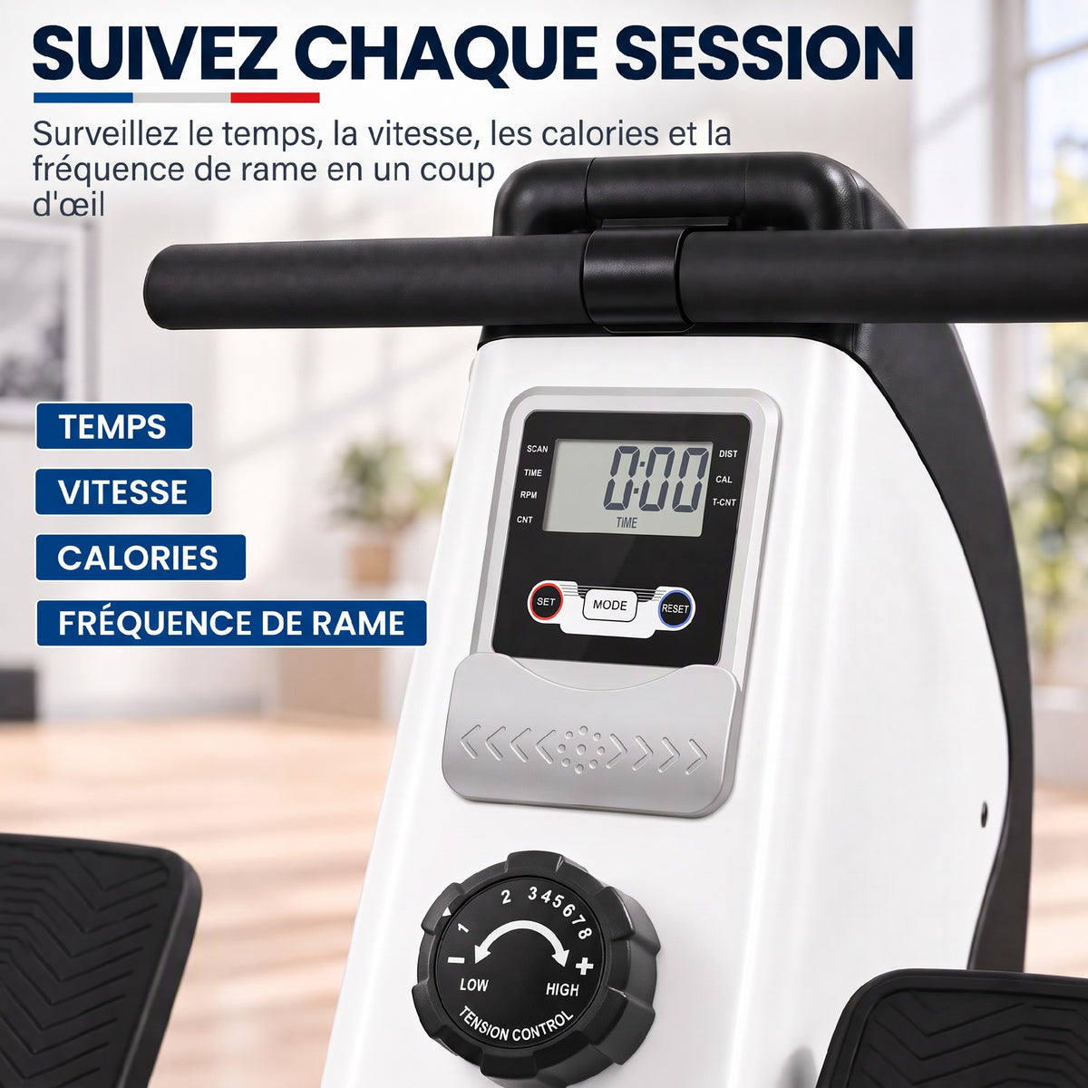 Rameur d'appartement pliable - 8 niveaux de résistance magnétique, écran LCD - acier noir blanc-5