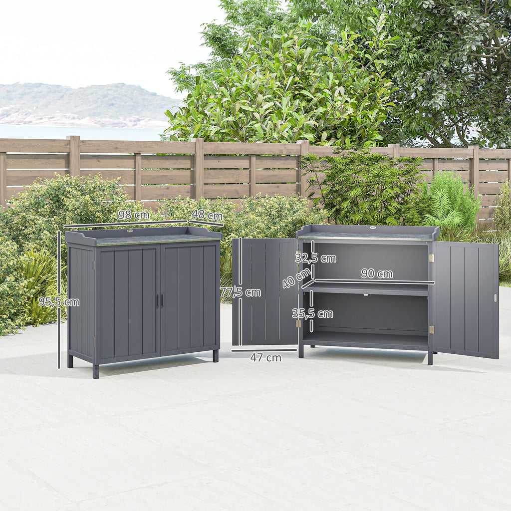 Armoire de rangement de jardin sur pied, table de rempotage 2 en 1 double porte, étagère, plateau métal galvanisé - gris-2