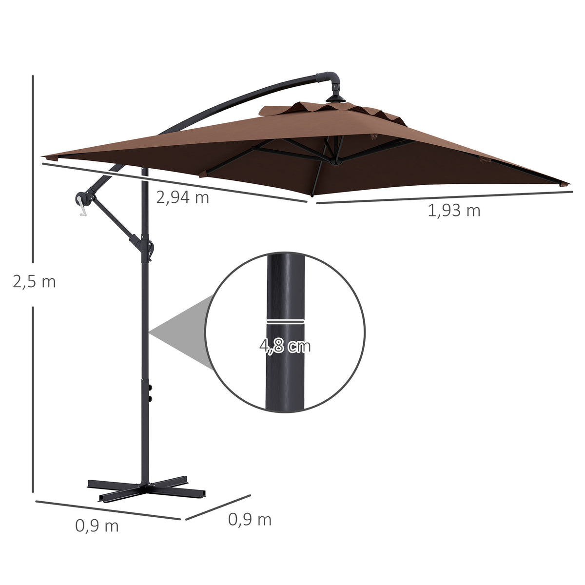 Parasol déporté parasol rectangulaire extérieur manivelle et 6 baleines acier protection UV dim. 294L x 193l x 250H cm-2
