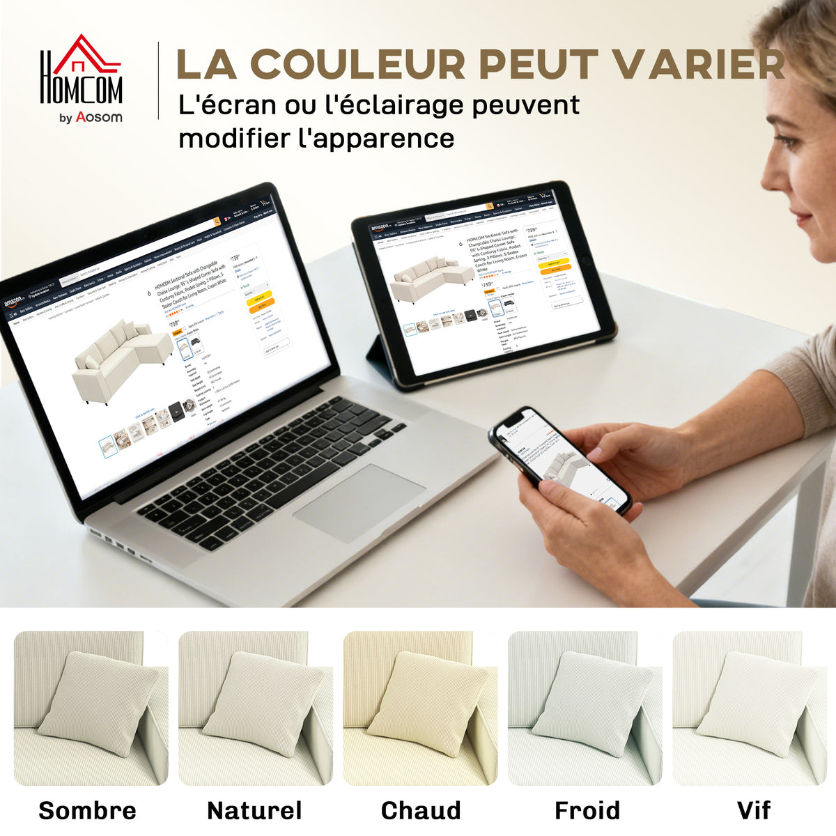 Canapé d'angle réversible 3 places moderne avec coussins inclus, tissu velours côtelé, crème-6