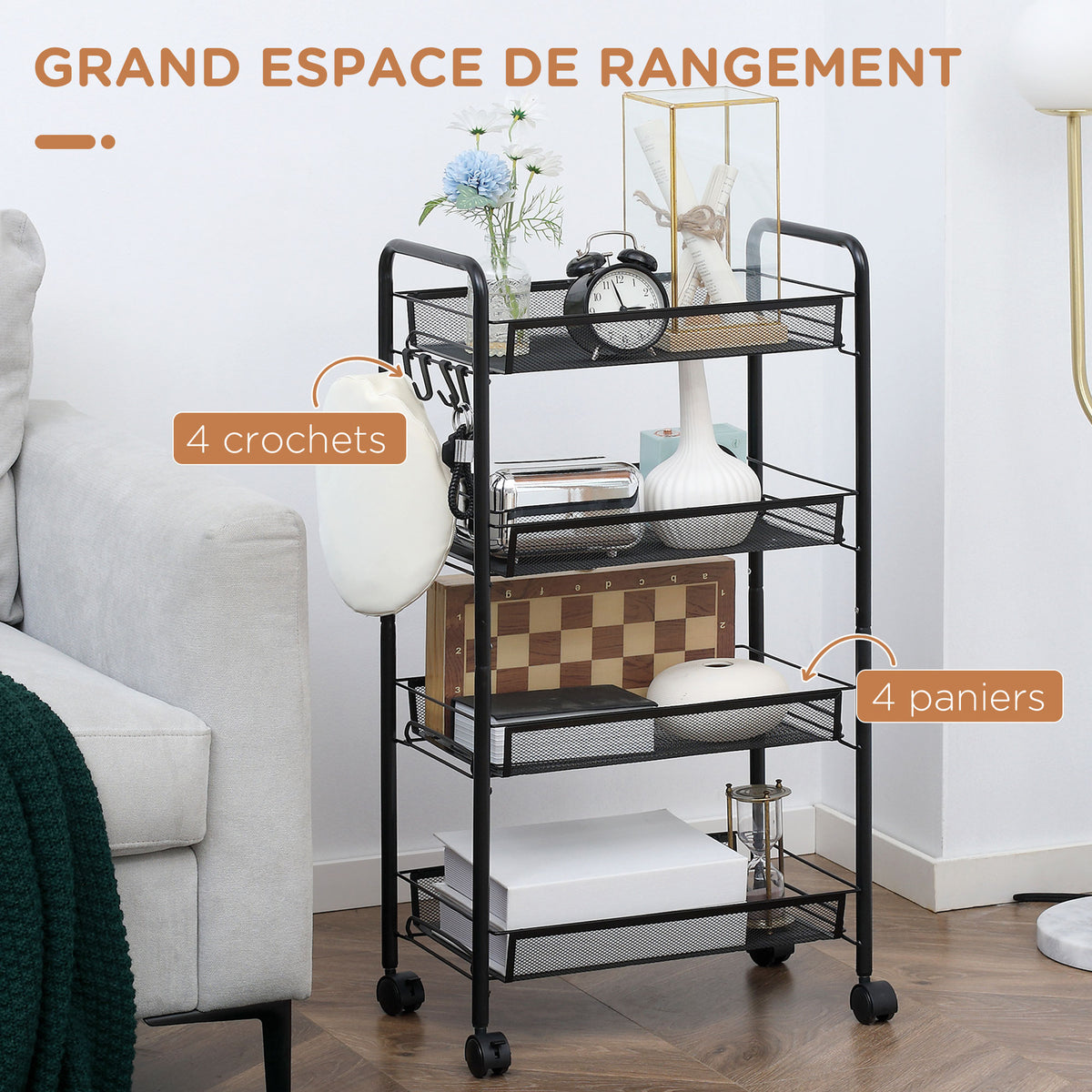 Chariot de rangement à 4 niveaux, desserte à roulettes avec paniers amovibles et 4 crochets, cadre en acier, chariot de cuisine, salle de bain, salon, espace étroit, 45 x 26,5 x 84 cm, noir-3