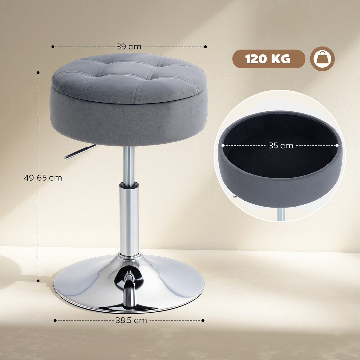 Tabouret de coiffeuse en velours, tabouret de maquillage pivotant avec rangement, hauteur réglable de 49-65 cm, gris-2