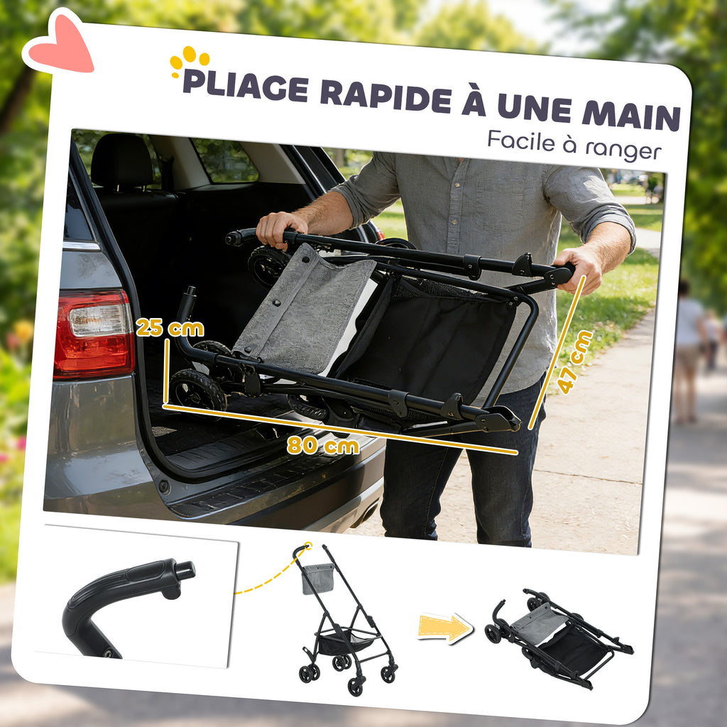 Poussette pour Chien Pousse-Chien 3 en 1 Détachable Pliable Nacelle Amovible et Sans Fermeture Éclair Suspension Gris-6