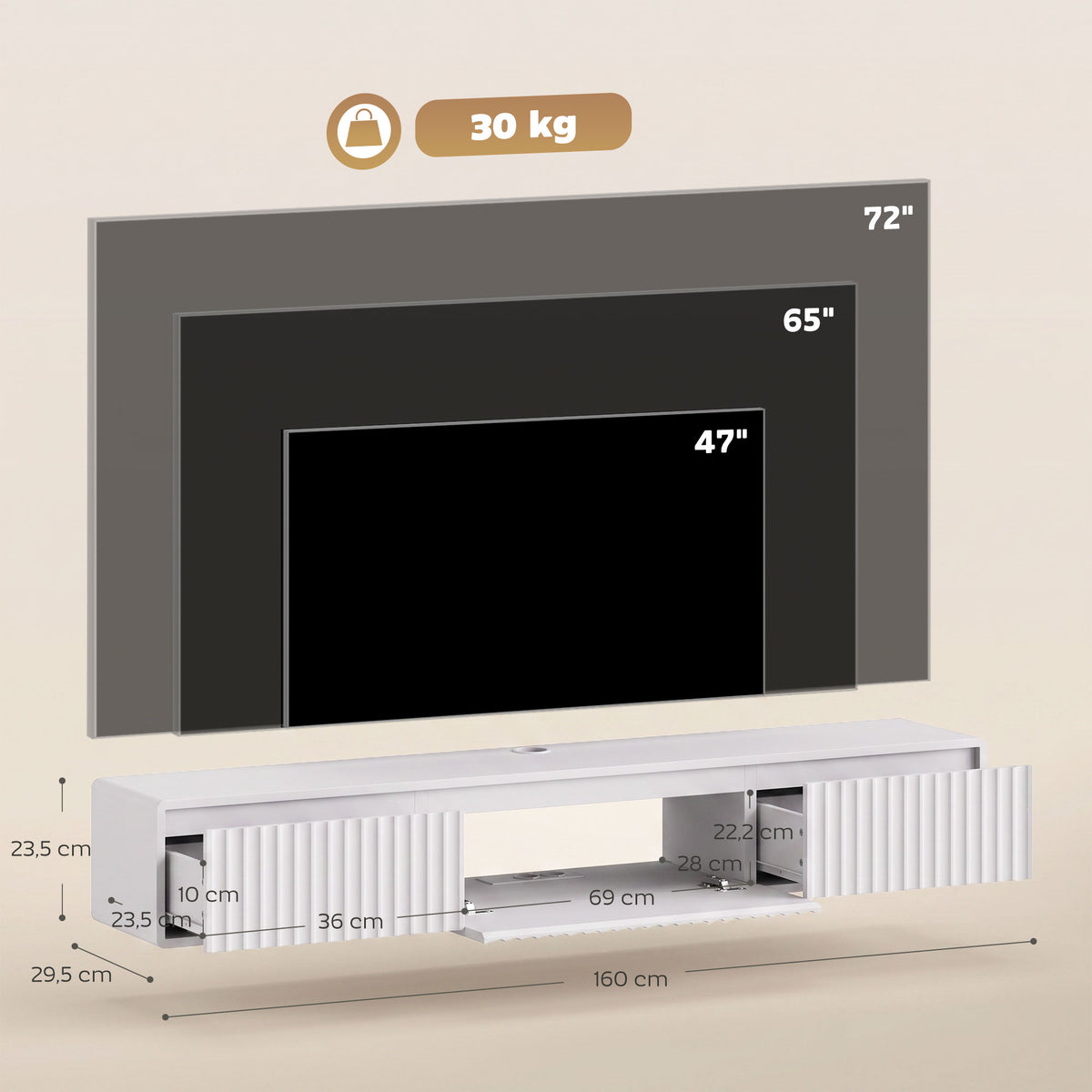 Meuble TV Suspendu Flottant 160 cm avec Éclairage LED et Prises, Meuble Télé pour Téléviseur 72 Pouces, Blanc-2