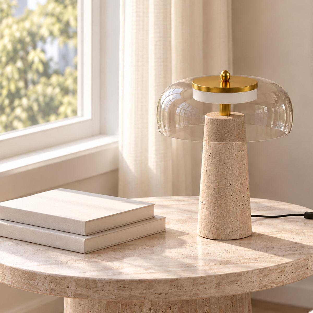 Lampe de Table Vintage avec Abat-Jour en Verre et Base en Travertin, Lampe de Chevet Rétro, Lumière Chaude 3000 K, Ambre-1