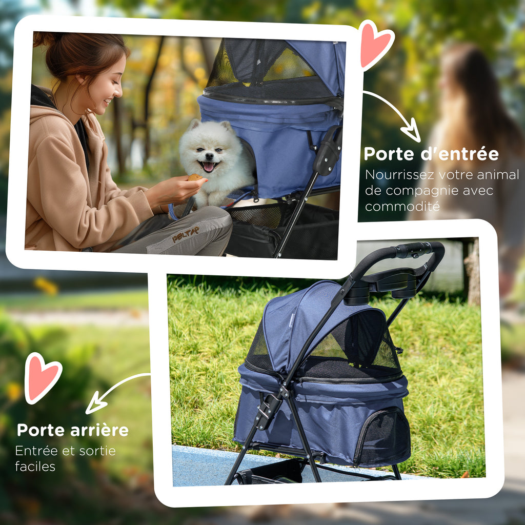 Poussette buggy pliable chien chat panier rangement porte-gobelets tissu 300D Oxford imperméable 4 roues bleu foncé-6