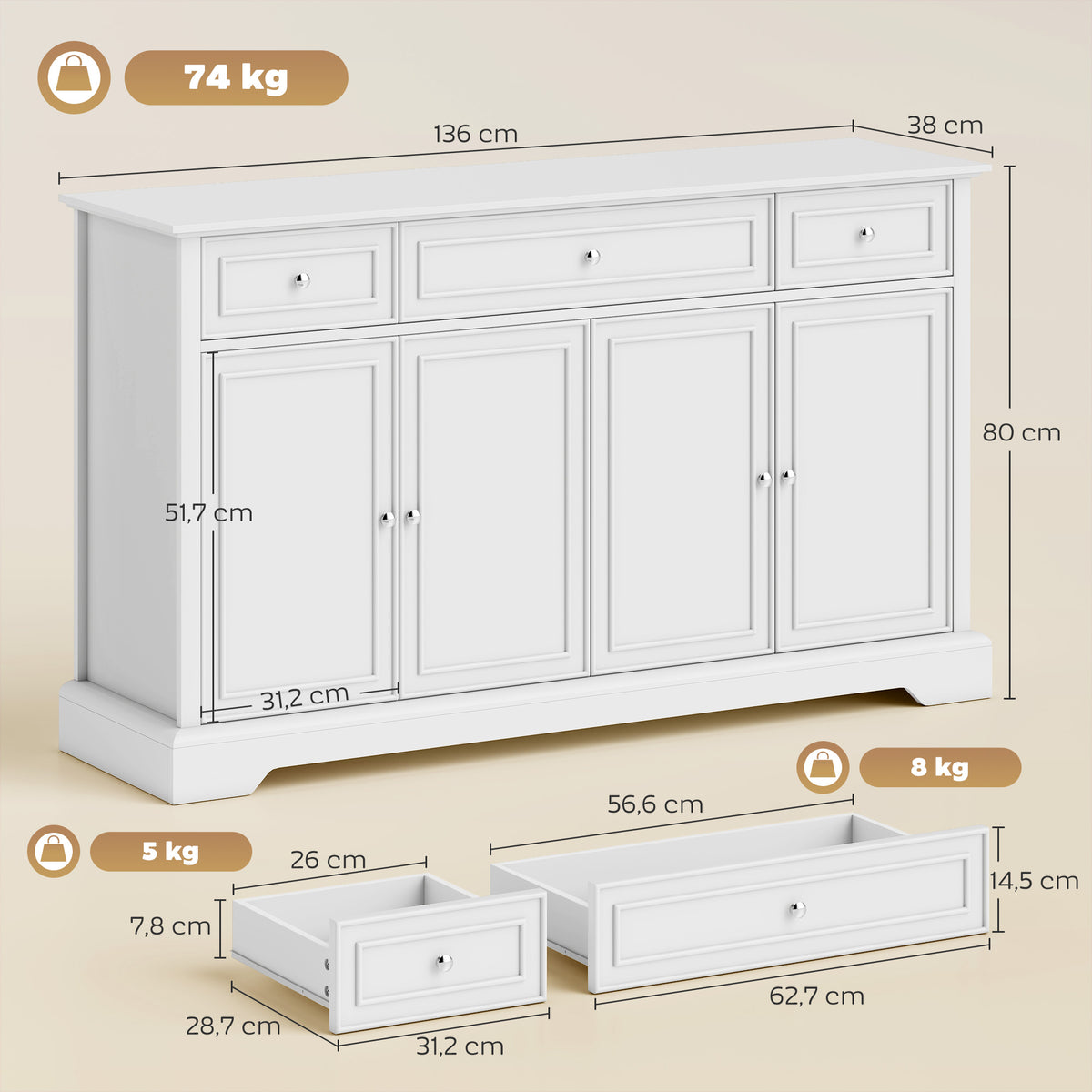 Buffet salon, meuble de rangement avec 3 tiroirs, 4 portes à fermeture douce et étagères réglables, blanc-2