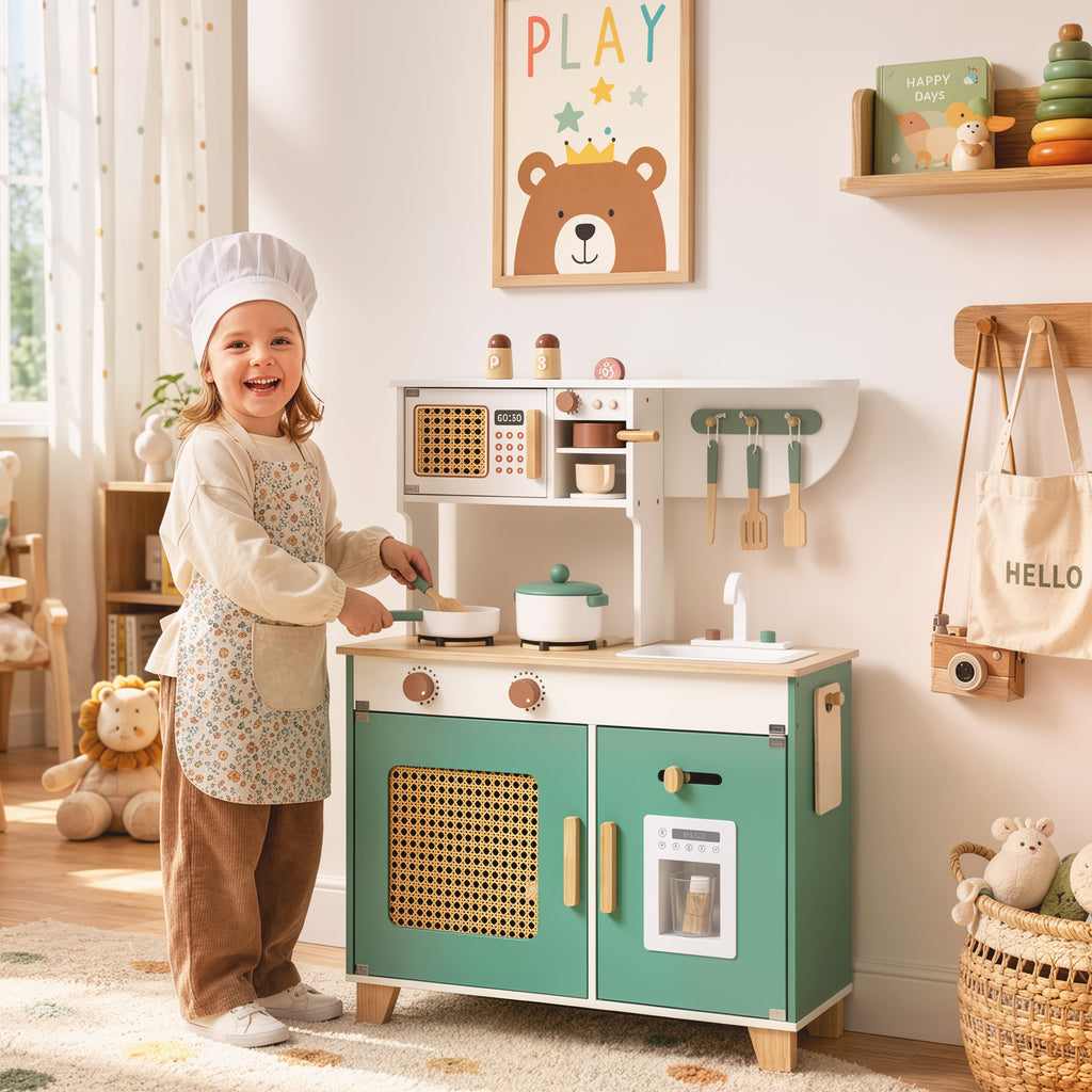 Cuisine Enfant en Bois 19 Accessoires, Cafetière, Machine à Glaçons, Micro-Ondes, Placard, 3-6 Ans, 61x27x79,7cm, Vert-1