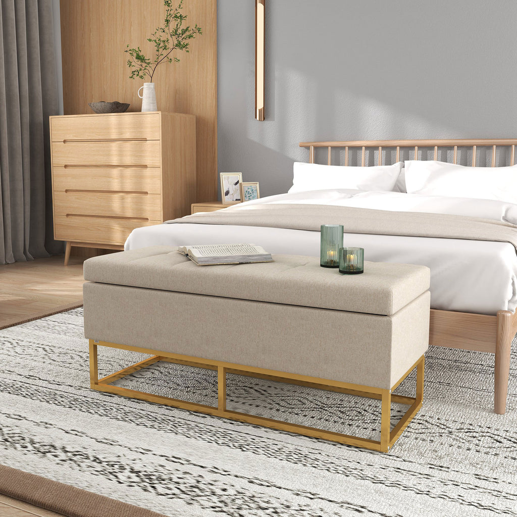 Banc banquette coffre de rangement 2 en 1 assise capitonnée et pieds acier 110 x 44 x 48 cm beige et doré-9