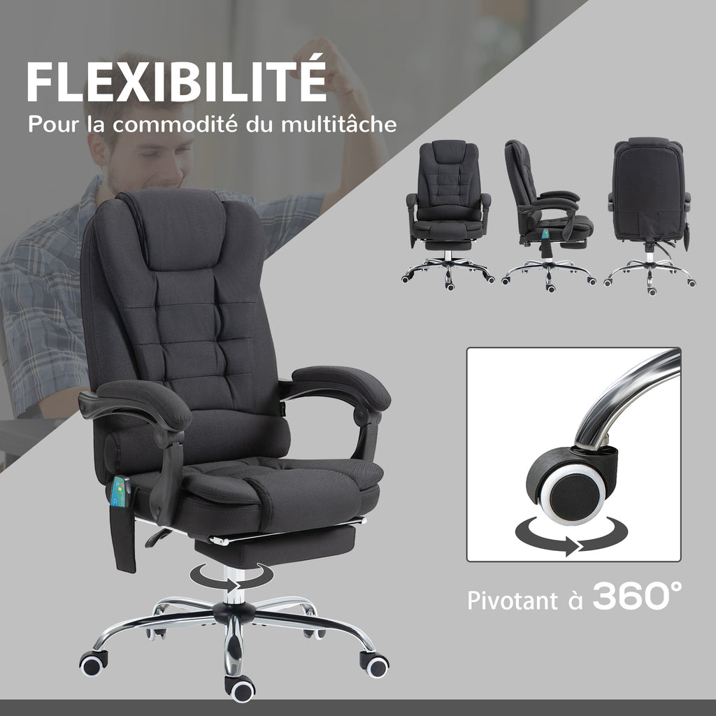 Fauteuil de bureau direction massant chauffant hauteur réglable dossier inclinable toile de lin noir-6