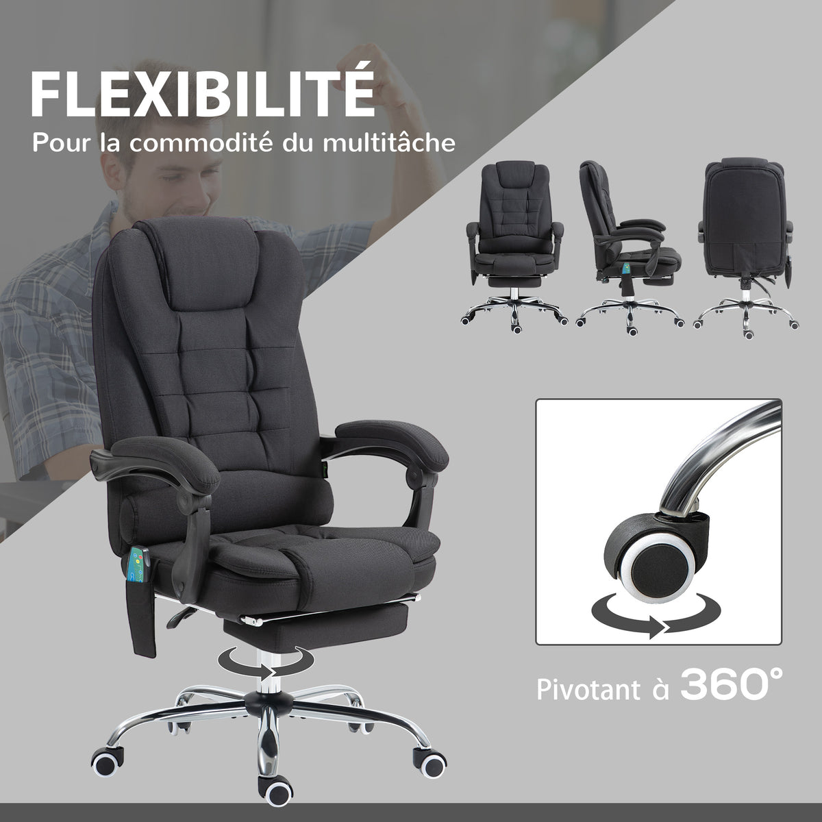 Fauteuil de bureau direction massant chauffant hauteur réglable dossier inclinable toile de lin noir-6