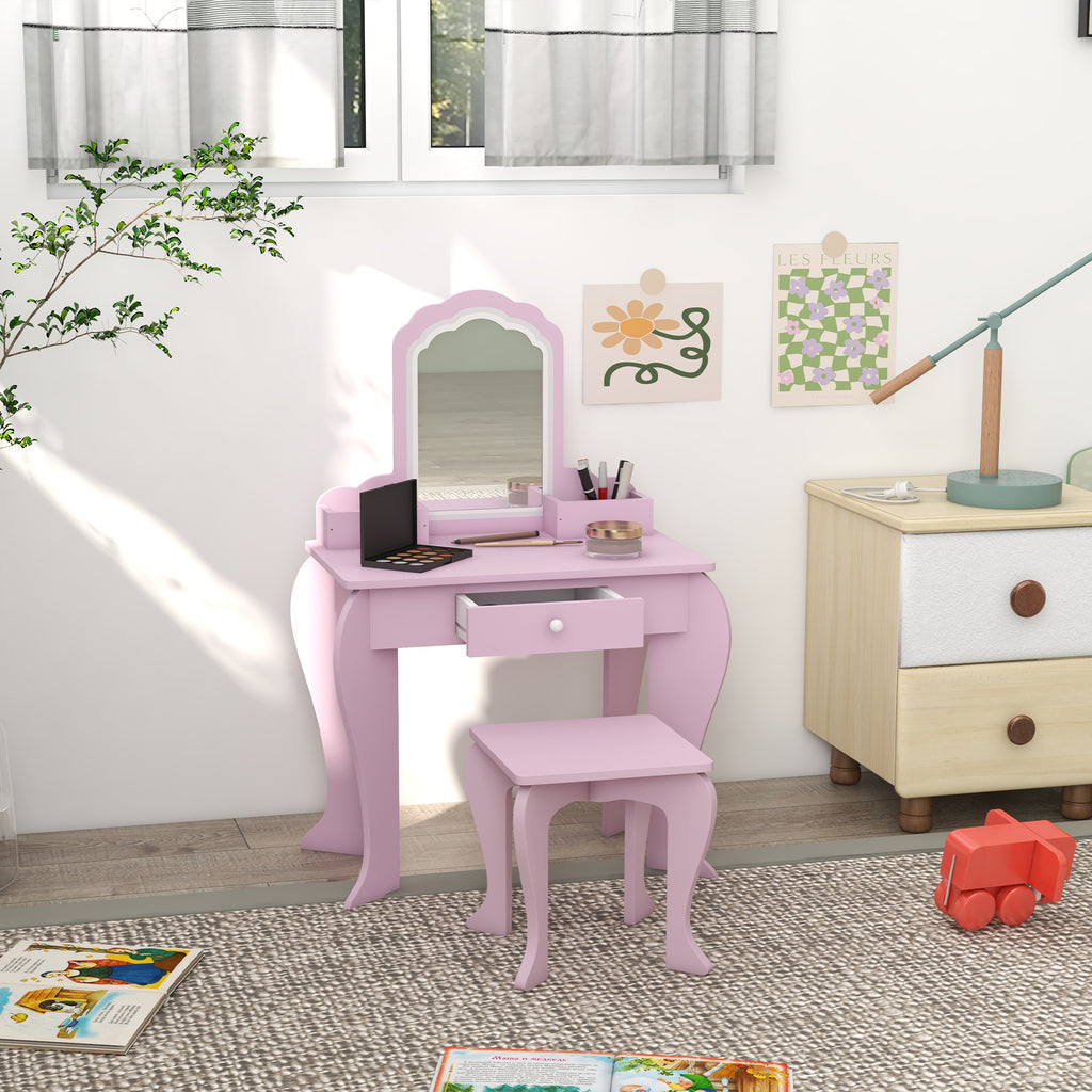 Coiffeuse pour enfant avec tabouret et miroir, table de maquillage avec tiroir et 2 compartiments, 55x36x86cm, rose-9