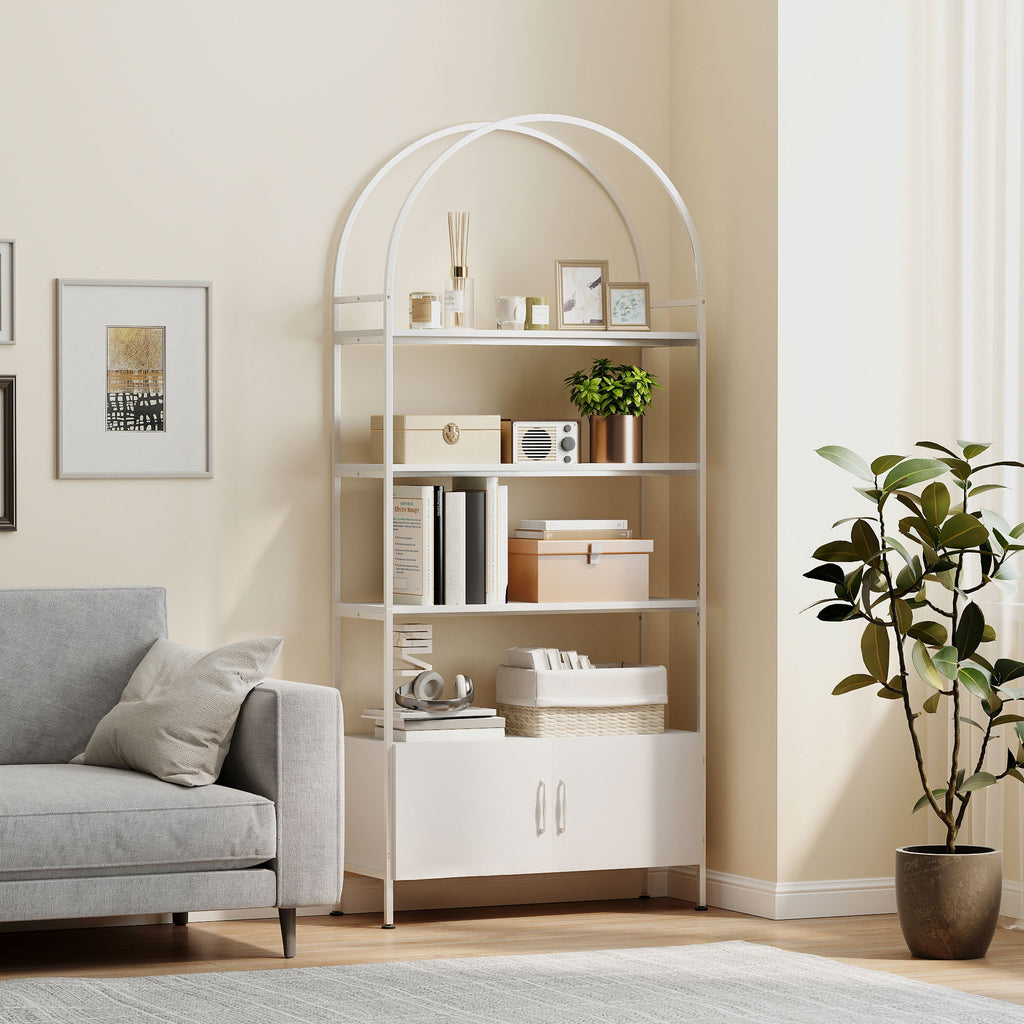 Étagère de rangement, bibliothèque arquée à 4 niveaux avec placard double porte, 80 x 30 x 187 cm, blanc-1