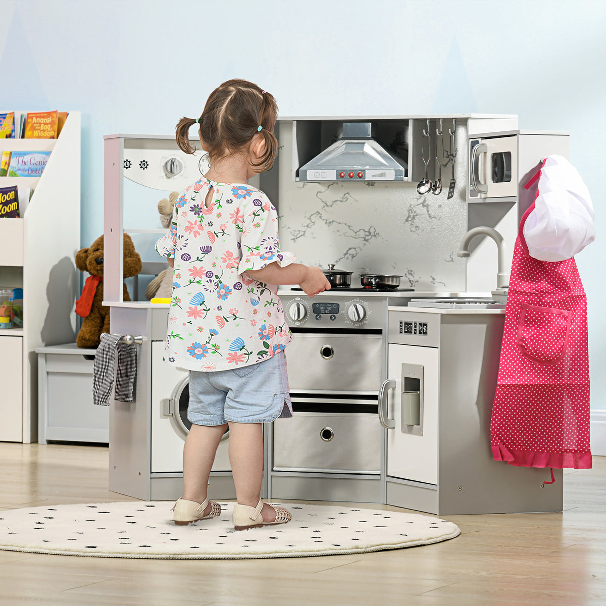 Cuisine enfant en bois avec 17 accessoires légumes en plastique boutons et lumières toque 3-6 ans gris blanc-1