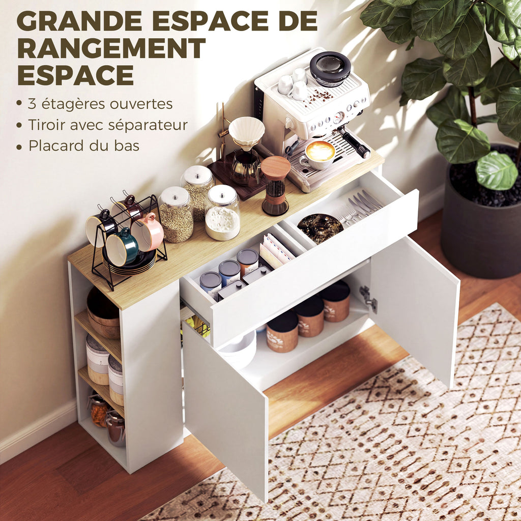 Buffet meuble de rangement avec 2 tiroirs 3 étagères ouvertes et placard 2 portes 110 x 29,5 x 82 cm blanc-3