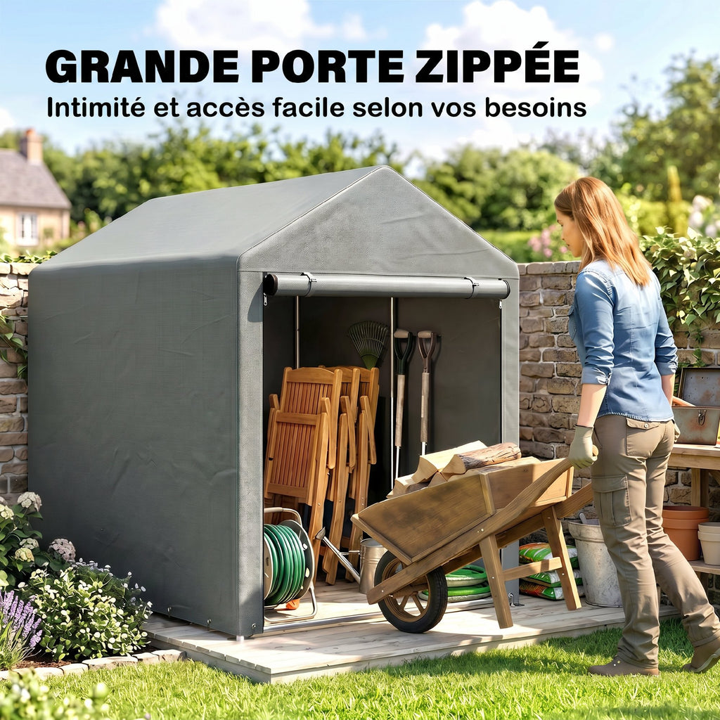 Abri de Jardin Imperméable avec 2 Compartiments, Porte Enroulable à Fermeture Éclair, 120x179x165cm, Gris Clair-5