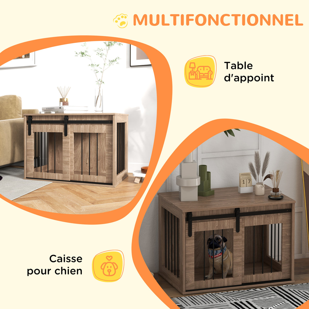 Cage caisse pour chien animaux intérieur porte coulissante, métal effet bois, dim. 57H x 80L x 54l cm-4