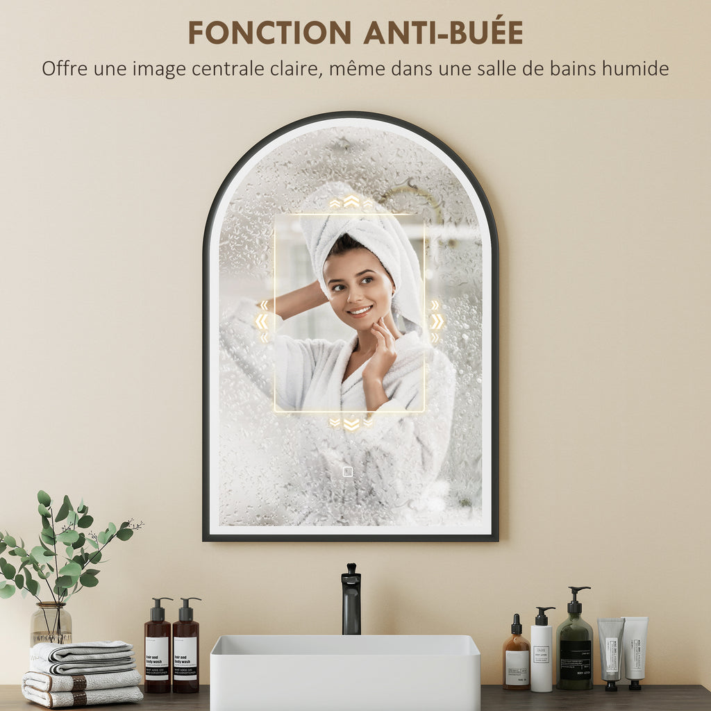 Miroir salle de bain avec éclairage 50 x 70 cm, miroir LED arqué, anti-buée, 3 couleurs lumière, dimmable, mémoire, noir-5
