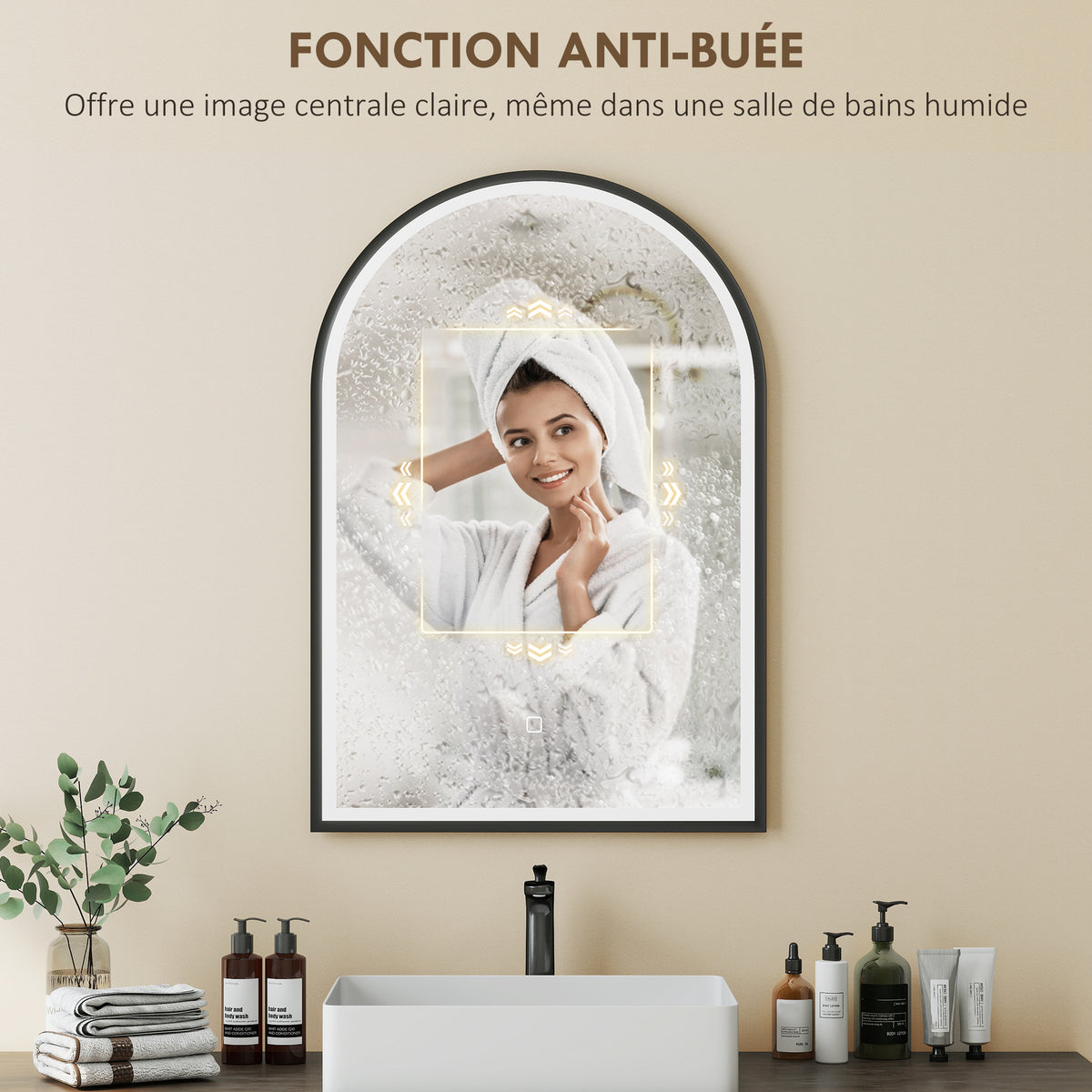 Miroir salle de bain avec éclairage 50 x 70 cm, miroir LED arqué, anti-buée, 3 couleurs lumière, dimmable, mémoire, noir-5