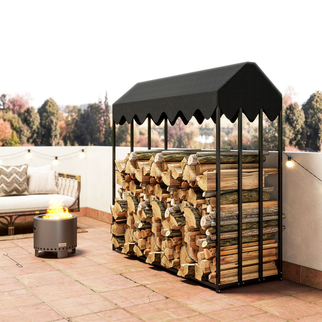 Range bûches extérieur, étagère à bûches avec housse de protection 600D Oxford capacité 1,9 m³, acier 186x70x185cm noir-8