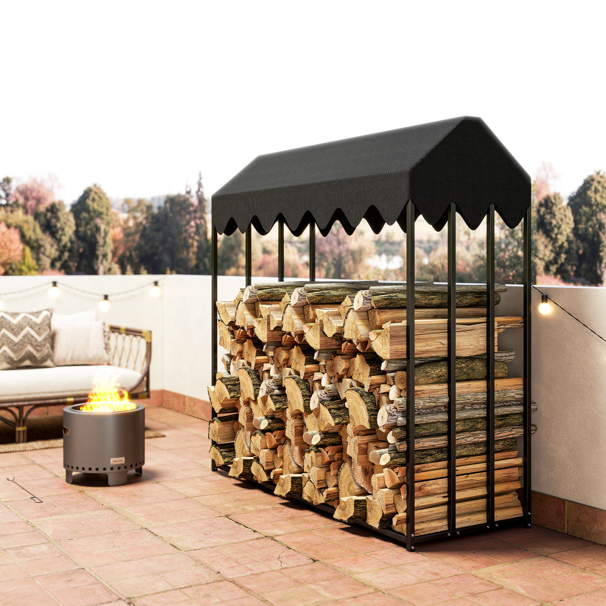 Range bûches extérieur, étagère à bûches avec housse de protection 600D Oxford capacité 1,9 m³, acier 186x70x185cm noir-8